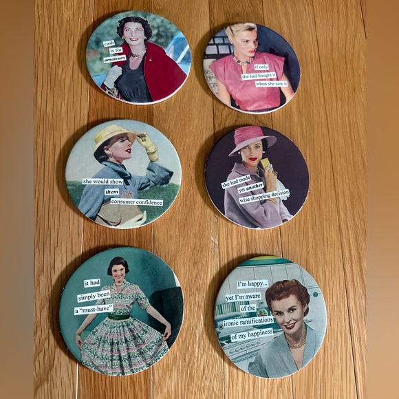 Vintage Anne Taintor retro in tin  6 seasoned shopper coasters w/ cork backing. - Picture 5 of 5